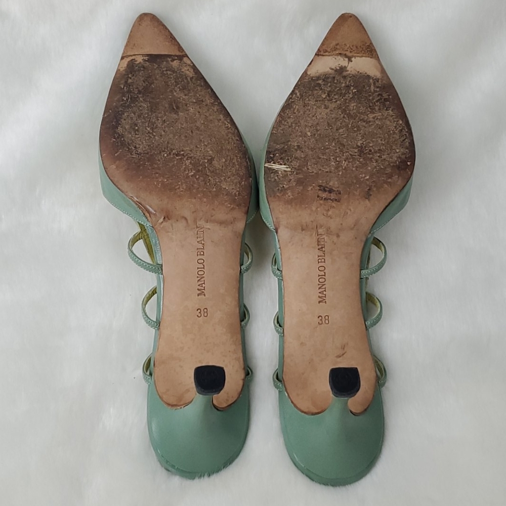 Manolo Blahnik green sling back shoes leather heel size 38 - Picture 7 of 14
